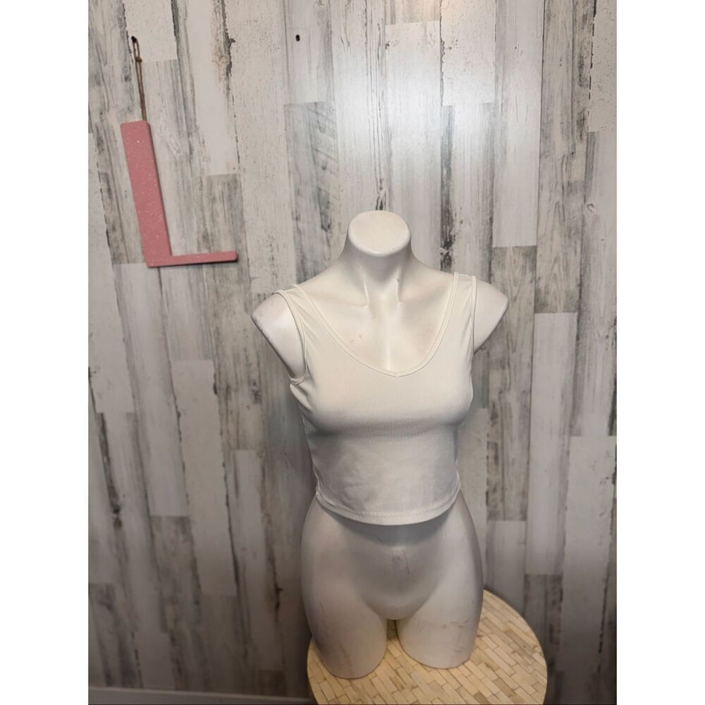 SHEIN Cream White Ribbed Scoop Neck Cropped Tank Top Womens Size Large L Basic C